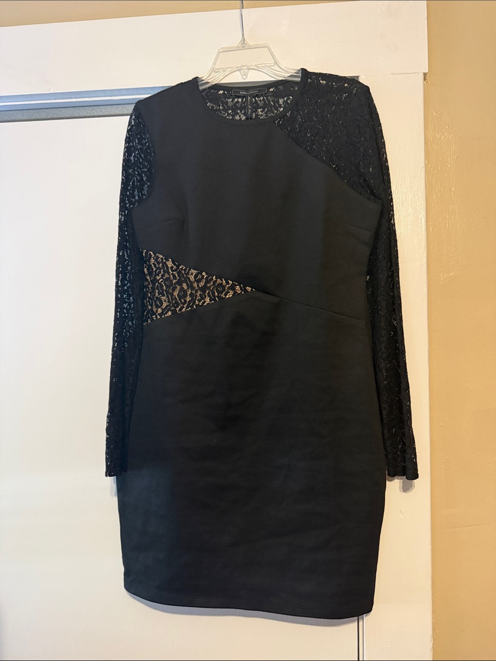 NWT Black Lace-Panel Long Sleeve Sheath Dress
